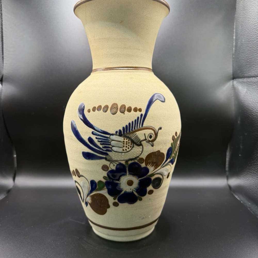 Vintage Mexican Tonalá Pottery Vase Hand Painted & signed Folk Art Decor 11"